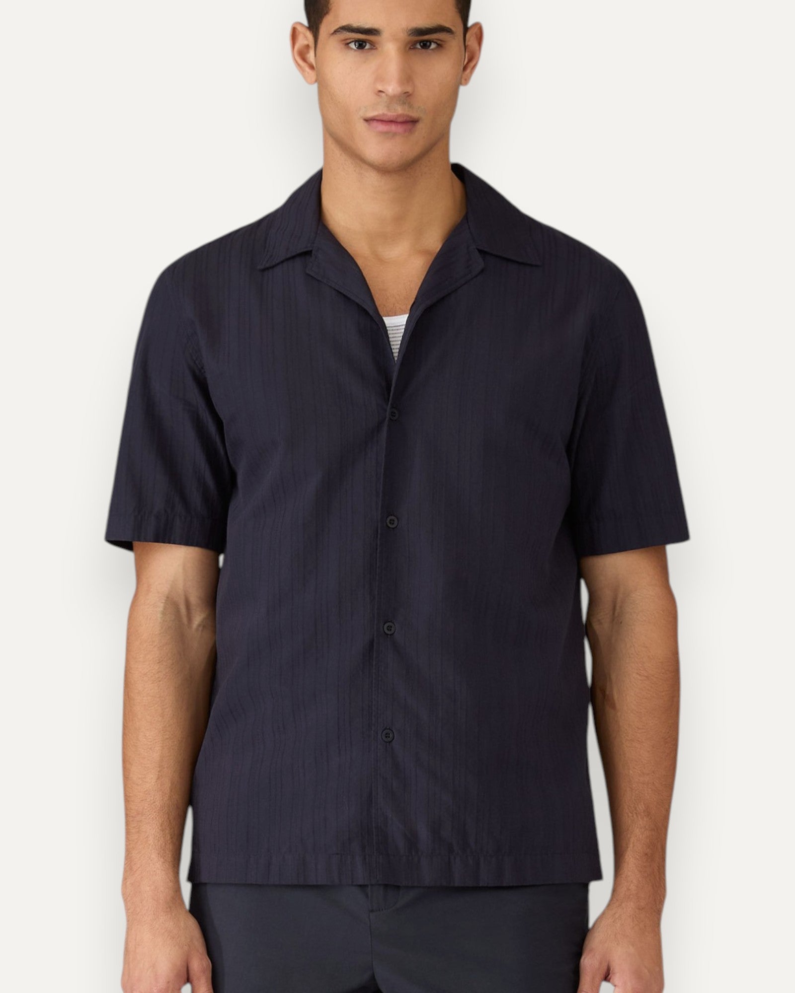 Textured Stripe Camp Collar Shirt Navy