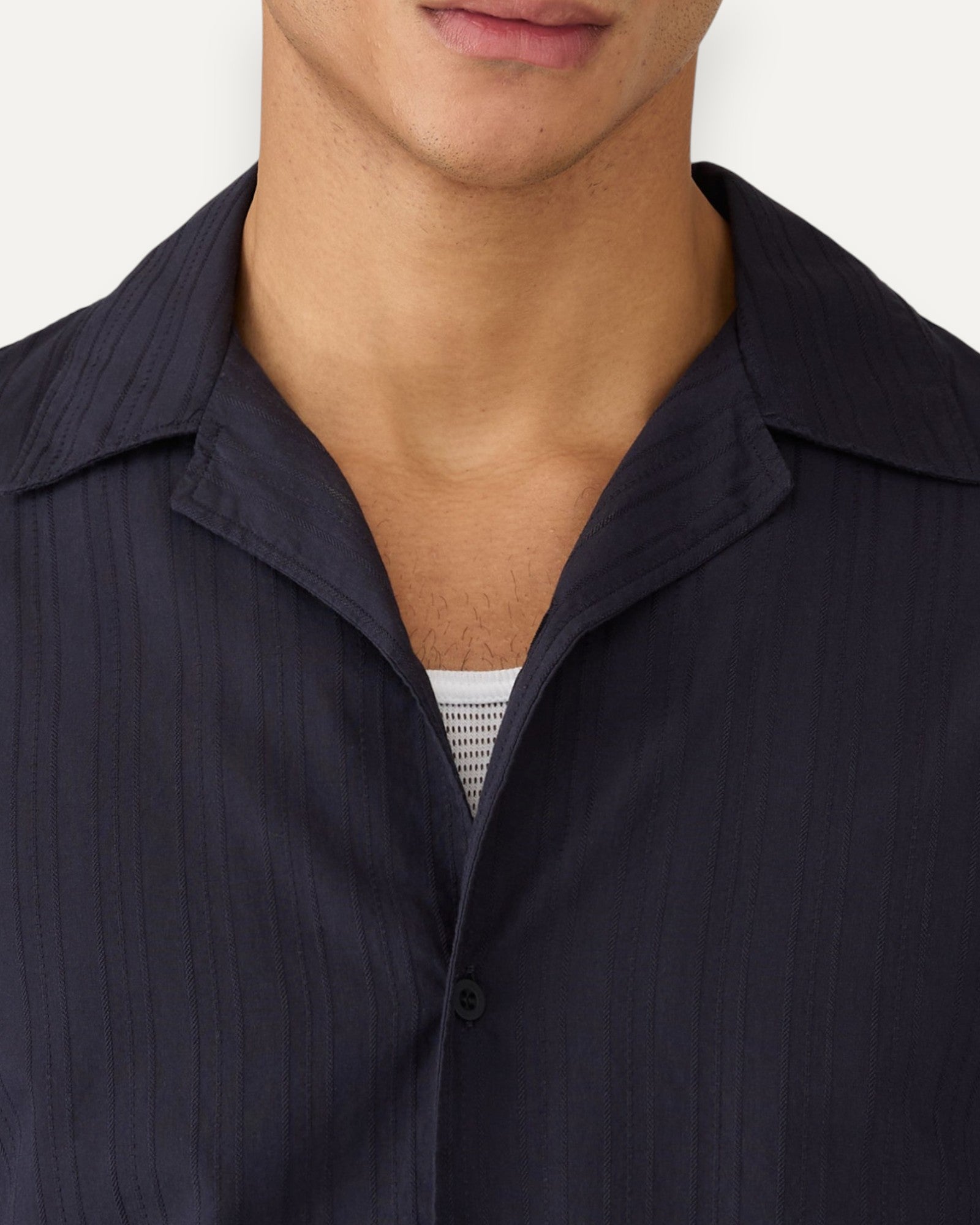 Textured Stripe Camp Collar Shirt Navy