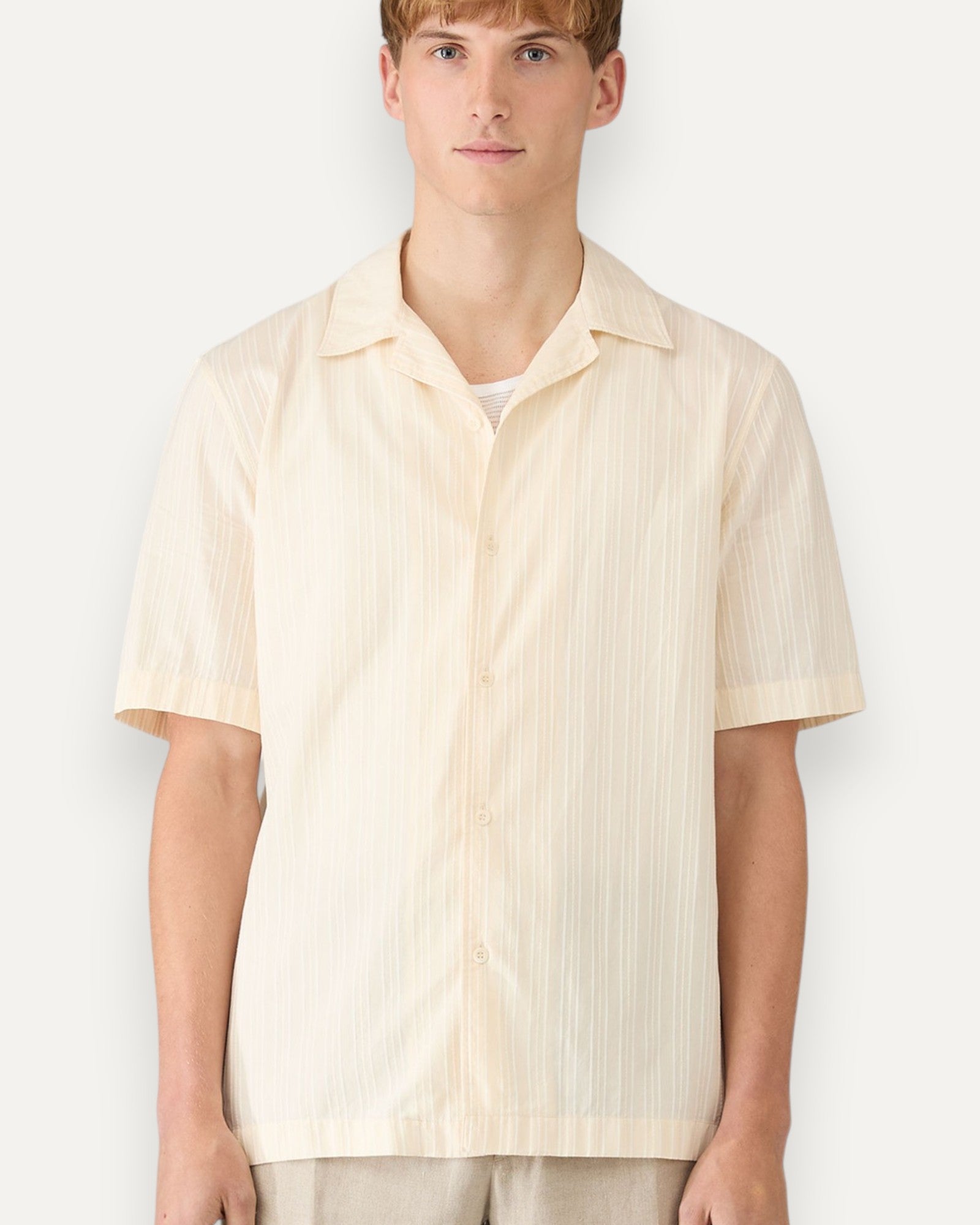 Textured Stripe Camp Collar Shirt Off White